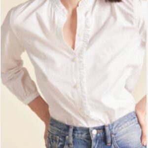 Trovata White Ruffled Button Down Shirt with Mandarin Collar